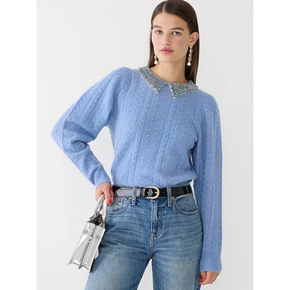 26. J.Crew Pointelle cable-knit crewneck with beaded collar - Picture 2 of 10